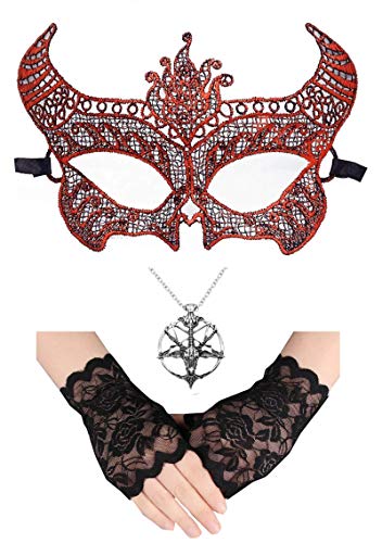 DFX Juego de máscara veneciana de encaje rojo + collar de cabra de pentagrama + guantes sin dedos