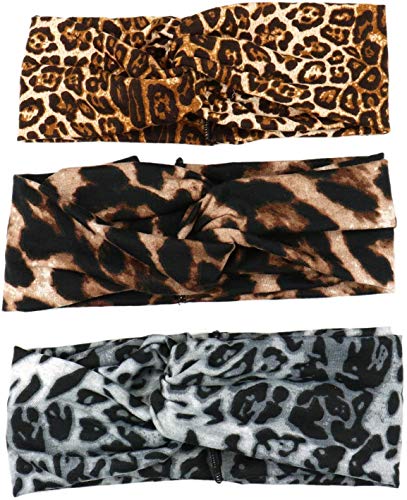 Diadema Animal Print, Diadema de Mujer, Cinta pelo elástica mujer, Diadema Leopardo Tigre Cebra, estampado animal, Turbante, Banda ancha cabello, Nudo cruzado, Yoga Niña, Verano Invierno, 3 PACK