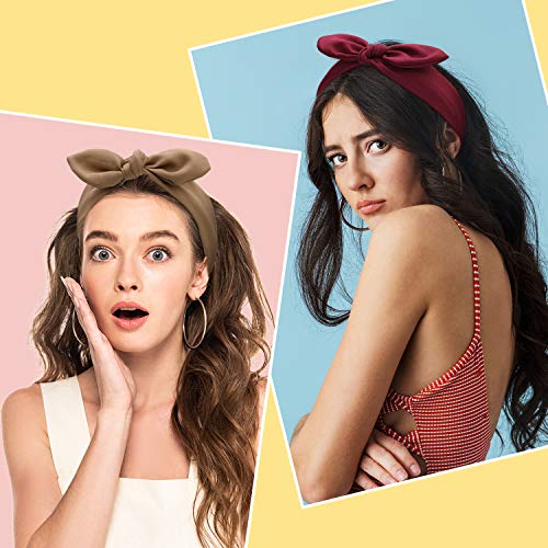 Diadema Bandana de Lazo Bohemia Pañuelo de Cabeza de Nudo Diadema de Orejas de Conejo Elástica Retro para Chicas y Mujeres (12 Piezas, Estilo Paisley y Color Sólido)