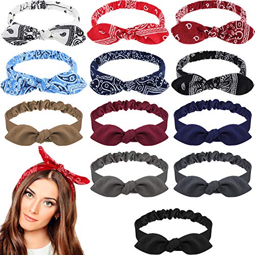 Diadema Bandana de Lazo Bohemia Pañuelo de Cabeza de Nudo Diadema de Orejas de Conejo Elástica Retro para Chicas y Mujeres (12 Piezas, Estilo Paisley y Color Sólido)