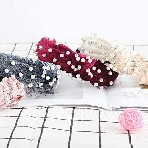 Diademas De Perlas- 6Pcs Makone Top Knot Velvet Headband Con Pearl Elastic Hair Hoops Accesorios Para El Cabello De Moda Para El Banquete De Boda