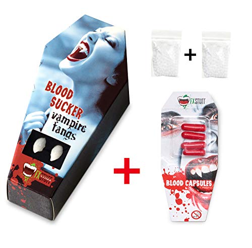 Dientes de vampiro FXSTUFF + cápsula de sangre falsa + masilla termoplástica (reutilizable) - moldeable según las necesidades permitiendo una perfecta adhesión