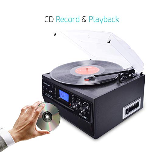 DIGITNOW! Tocadiscos Bluetooth Plato Giradiscos Plato Vinilo, CD, Cassette, Encoding, USB, SD, MMC, Am, FM, 3 velocidades, 33/45/78 RPM,con Dos Externo Altavoces