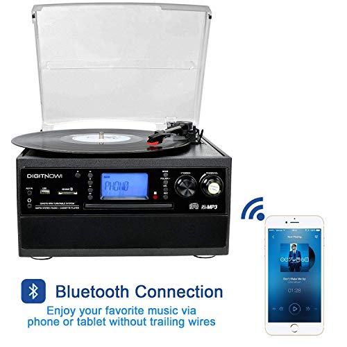 DIGITNOW! Tocadiscos Bluetooth Plato Giradiscos Plato Vinilo, CD, Cassette, Encoding, USB, SD, MMC, Am, FM, 3 velocidades, 33/45/78 RPM,con Dos Externo Altavoces