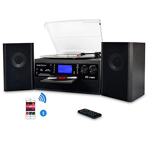 DIGITNOW! Tocadiscos Bluetooth Plato Giradiscos Plato Vinilo, CD, Cassette, Encoding, USB, SD, MMC, Am, FM, 3 velocidades, 33/45/78 RPM,con Dos Externo Altavoces