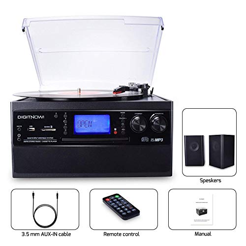 DIGITNOW! Tocadiscos Bluetooth Plato Giradiscos Plato Vinilo, CD, Cassette, Encoding, USB, SD, MMC, Am, FM, 3 velocidades, 33/45/78 RPM,con Dos Externo Altavoces