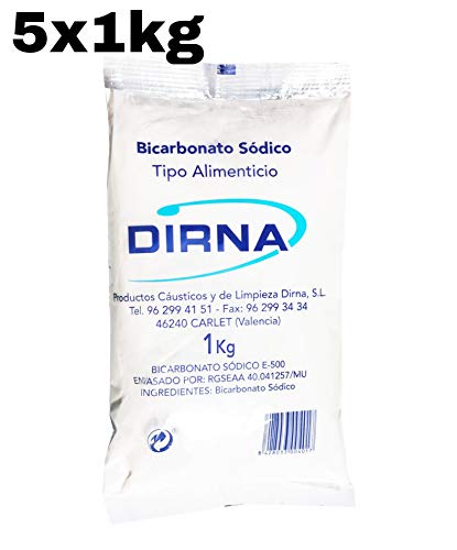 DIRNA Pack 5 x 1KG Bolsa - Bicarbonato de Sodio Alimenticio Excelente Alternativa para la Limpieza del hogar y Cuidado Personal. Limpieza ECOLÓGICA, Libre DE TÓXICOS Y ECONÓMICA. Promocion Envio 24H