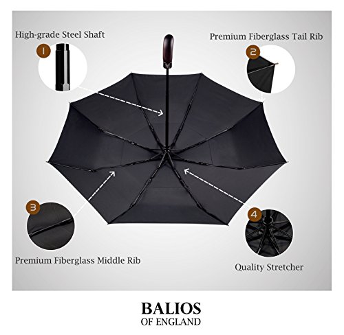 (Diseñado en Gran Bretaña) Balios® Paraguas Hecho a Mano con Mango de Madera Canapé Doble Resistente al Viento en Fibra de Vidrio Se Abre y Cierra Automáticamente Premium 300T Alta Calidad NEGRO