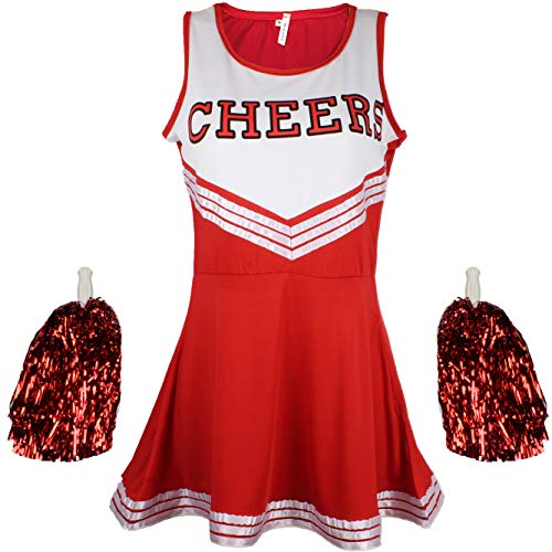 Disfraz de animadora, disfraz de High School Musical, con pompones, Women's, color rosso, tamaño X-Large