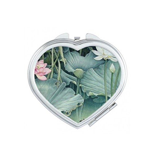 DIYthinker Rosa Loto Blanco Brote Verde de Hoja de Loto de Pato mandarín de China Poud la Pintura clásica del corazón Maquillaje Compacto Espejo de Bolsillo portátil pequeño Linda Mano Espejos Regalo