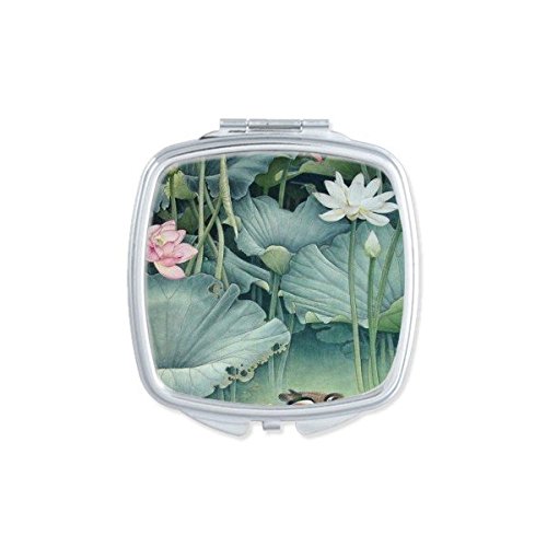 DIYthinker Rosa Loto Blanco Brote Verde de Hoja de Loto de Pato mandarín de China Poud la Pintura clásica Plaza de Maquillaje Compacto Espejo de Bolsillo portátil pequeño Linda Mano Espejos Regalo