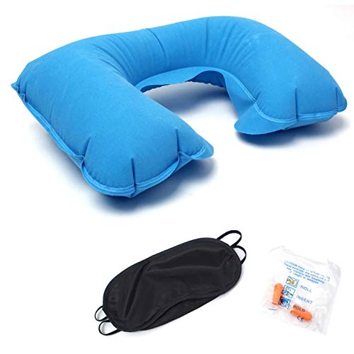 DKHF Almohada en Forma de U Viaje al Aire Libre Coche Avión PVC Flocado Inflable En Forma de U Almohada para el Descanso del Cuello Tapones para los oídos insonorizados Máscara de Ojos Opaca T