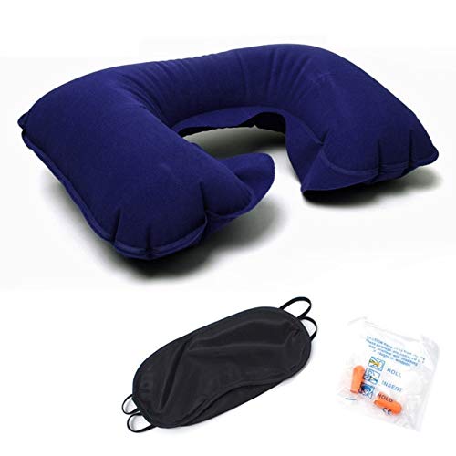 DKHF Almohada en Forma de U Viaje al Aire Libre Coche Avión PVC Flocado Inflable En Forma de U Almohada para el Descanso del Cuello Tapones para los oídos insonorizados Máscara de Ojos Opaca T