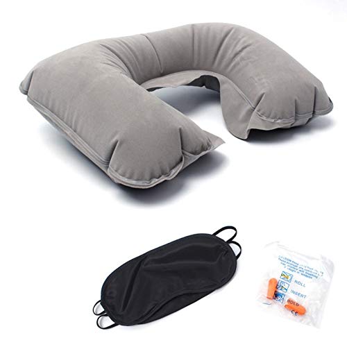 DKHF Almohada en Forma de U Viaje al Aire Libre Coche Avión PVC Flocado Inflable En Forma de U Almohada para el Descanso del Cuello Tapones para los oídos insonorizados Máscara de Ojos Opaca T