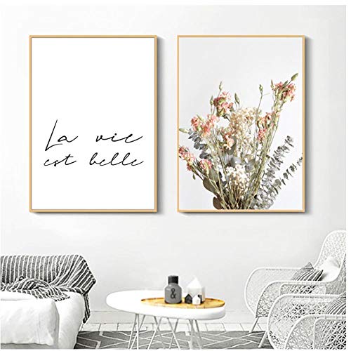 DLFALG La vie est belle cita francesa cartel de lienzo en blanco y negro flores arte de pared pintura impresión nórdica imagen decorativa decoración del hogar 40x50cmx2 sin marco