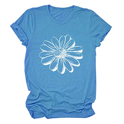 Doballa Playera de manga corta con estampado de girasoles y cuello redondo para mujer Azul Lago Azul L
