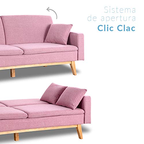 Don Descanso, Sofá Cama 3 plazas Reine, Tapizado en Tela, Color Rosa, Sistema Apertura de Libro o Clic-clac, Medida sofá: 206x74x83 cm, Medida Cama: 206x99x83 cm, Incluye 2 Cojines