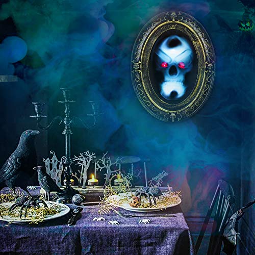 Dookey Espejo Embrujado, Aterrador Movimiento Activado Sonido Espejo, Embrujado Accesorio Luminoso para Halloween Espejo Mágico de Halloween Espejo Ovalado Negro y Dorado