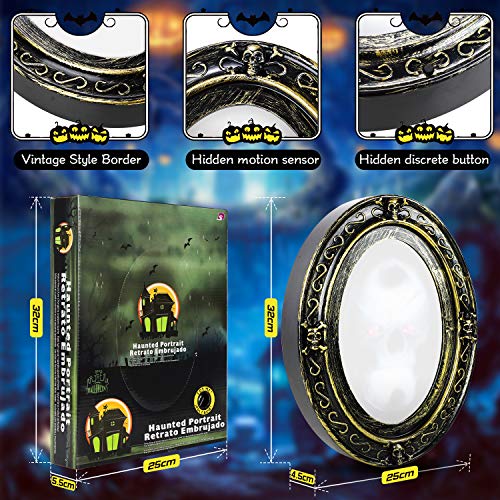 Dookey Espejo Embrujado, Aterrador Movimiento Activado Sonido Espejo, Embrujado Accesorio Luminoso para Halloween Espejo Mágico de Halloween Espejo Ovalado Negro y Dorado