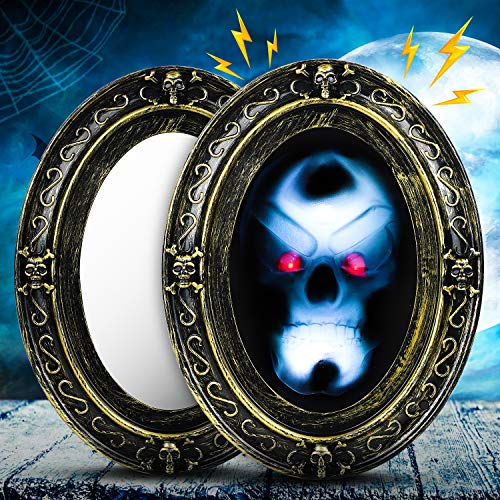 Dookey Espejo Embrujado, Aterrador Movimiento Activado Sonido Espejo, Embrujado Accesorio Luminoso para Halloween Espejo Mágico de Halloween Espejo Ovalado Negro y Dorado
