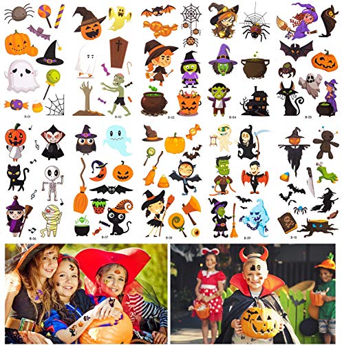 DQMOON 10 pegatinas de tatuaje de Halloween, pegatinas de tatuaje de dibujos animados para niños, fiesta de Halloween y tatuajes temporales de juego de roles