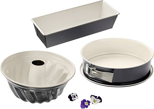 Dr. Oetker Back-Trend - Juego de 3 moldes para hornear (molde para hornear, molde para galletas y pasteles, acero con revestimiento antiadherente reforzado con cerámica), color crema y gris