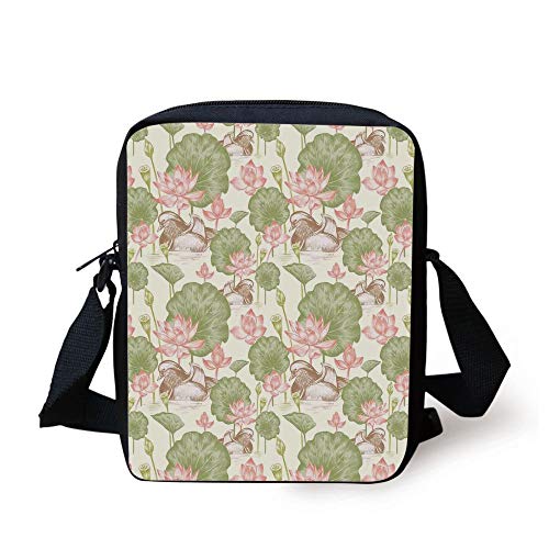 Duck,Mandarin Ducklings in Lake Flowers Lilies Vintage Print River Country Nature,Pink Green and White Print Kids Crossbody Messenger Bag Purse