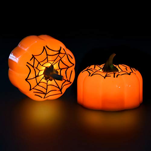 E-More 12Pcs Candelitas de calabaza naranja, Calabaza de Halloween Luces de té LED Velas Lámparas de vela de tela de araña electrónica sin llama Decoración para barra de hogar Halloween