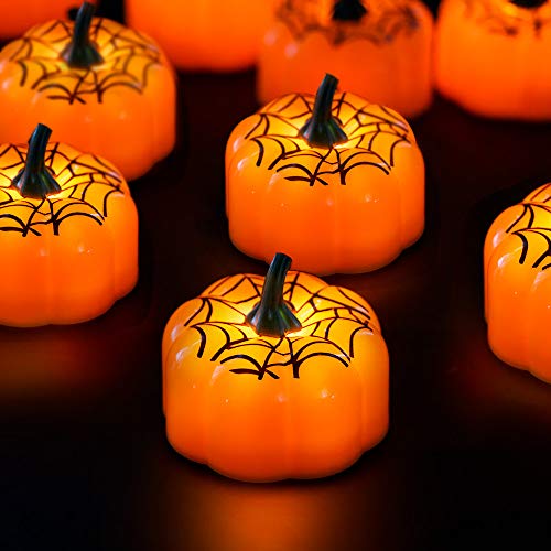E-More 12Pcs Candelitas de calabaza naranja, Calabaza de Halloween Luces de té LED Velas Lámparas de vela de tela de araña electrónica sin llama Decoración para barra de hogar Halloween