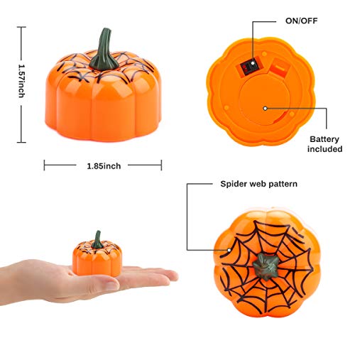 E-More 12Pcs Candelitas de calabaza naranja, Calabaza de Halloween Luces de té LED Velas Lámparas de vela de tela de araña electrónica sin llama Decoración para barra de hogar Halloween