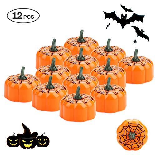 E-More 12Pcs Candelitas de calabaza naranja, Calabaza de Halloween Luces de té LED Velas Lámparas de vela de tela de araña electrónica sin llama Decoración para barra de hogar Halloween