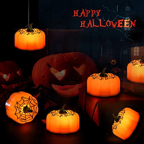 E-More 12Pcs Candelitas de calabaza naranja, Calabaza de Halloween Luces de té LED Velas Lámparas de vela de tela de araña electrónica sin llama Decoración para barra de hogar Halloween