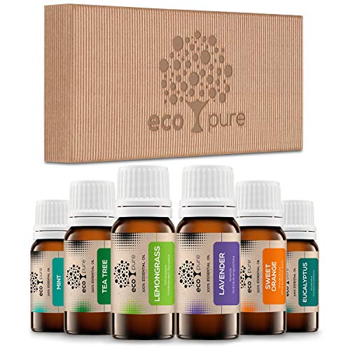 Eco Pure 's pura Aceites Set Top 6 | Fragancias para difusor, Masaje y aromaterapia, 100% Natural pura (Lavanda, Té Algodón, eucalipto, menta, Süße Naranja, limón) regalo de Juego
