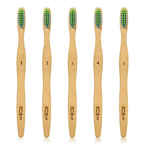 ECOet Cepillos de Dientes de Bambú con Cerdas Suaves para Adultos | Biodegradable | Cerdas Angulosas Onduladas | Sin BPA | Anti Bacterial | Embalaje Reciclable | Ecológico | Paquete de 5pcs