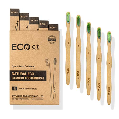ECOet Cepillos de Dientes de Bambú con Cerdas Suaves para Adultos | Biodegradable | Cerdas Angulosas Onduladas | Sin BPA | Anti Bacterial | Embalaje Reciclable | Ecológico | Paquete de 5pcs
