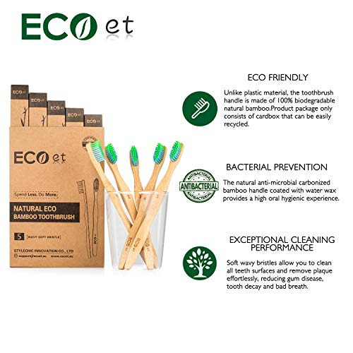 ECOet Cepillos de Dientes de Bambú con Cerdas Suaves para Adultos | Biodegradable | Cerdas Angulosas Onduladas | Sin BPA | Anti Bacterial | Embalaje Reciclable | Ecológico | Paquete de 5pcs