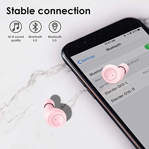 Elecder D10 True Auriculares inalámbricos Bluetooth 5.0 Auriculares inalámbricos con micrófono, Auriculares Deportivos con Estuche de Carga para Entrenamiento, Correr, Soporte Smartphones (Rosado)