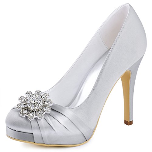 Elegantpark EP2015-PF Zapatos de Novia con Plataforma Bombas Punta Cerrada Zapatos de Boda Tacón Alto Rhinestones Satén Zapatos Fiesta Mujer Plata EU 41