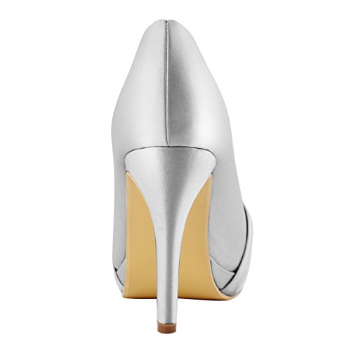 Elegantpark EP2015-PF Zapatos de Novia con Plataforma Bombas Punta Cerrada Zapatos de Boda Tacón Alto Rhinestones Satén Zapatos Fiesta Mujer Plata EU 41