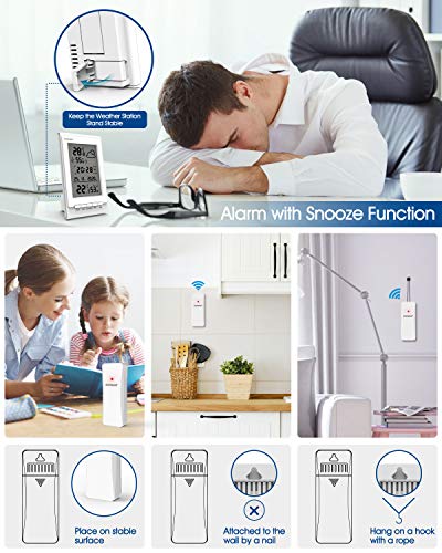 ELEGIANT Estación Meteorológica con Sensor de Radio Interior Exterior, Higrómetro Termómetro Digital con Temperatura Humedad, Pronóstico del Tiempo, Fecha / Hora / Alarma / Snooze, 3 Canales, Blanco