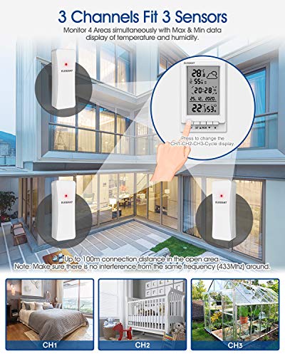 ELEGIANT Estación Meteorológica con Sensor de Radio Interior Exterior, Higrómetro Termómetro Digital con Temperatura Humedad, Pronóstico del Tiempo, Fecha / Hora / Alarma / Snooze, 3 Canales, Blanco