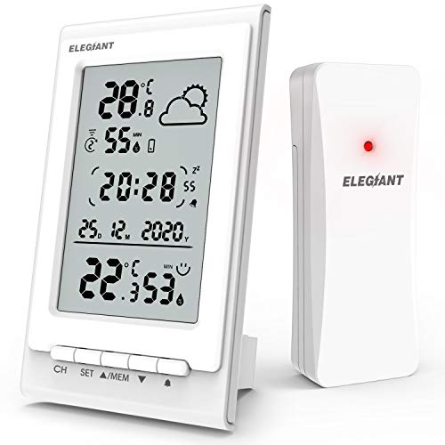 ELEGIANT Estación Meteorológica con Sensor de Radio Interior Exterior, Higrómetro Termómetro Digital con Temperatura Humedad, Pronóstico del Tiempo, Fecha / Hora / Alarma / Snooze, 3 Canales, Blanco