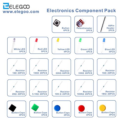 ELEGOO Kit de Componentes Electrónicos con Resistencias, Leds, Conmutadores, Potenciómetros, Hoja de Especificaciones Disponible, Compatible con Arduino IDE, UNO R3, Mega 2560, Raspberry Pi, Nano