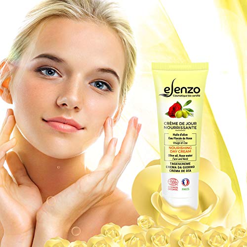 eLenzo • Crema de día orgánica • Crema hidratante facial y cuello • Aloe vera, agua de rosa, aceite de karité • Fabricada en Francia y certificada por Ecocert • Todo tipo de piel • 50 ml