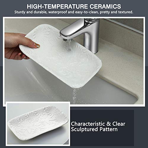 Emibele Bandeja de Baño de Cerámica, Plato de Postre Organizador de Almacenamiento con Modelo Esculpido para Organización de Cosméticos y Decoración de Cuarto de Baño, Hogar, Salón, Blanco