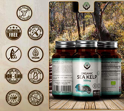 EN Algas Kelp Organico 500mg por Capsula | Suplemento de Yodo Orgánico | Algas Marinas Orgánicas | Certificado por Soil Association | 90 Cápsulas Vegetarianas | Sin Gluten, OGM, Lacteos o Alergenos