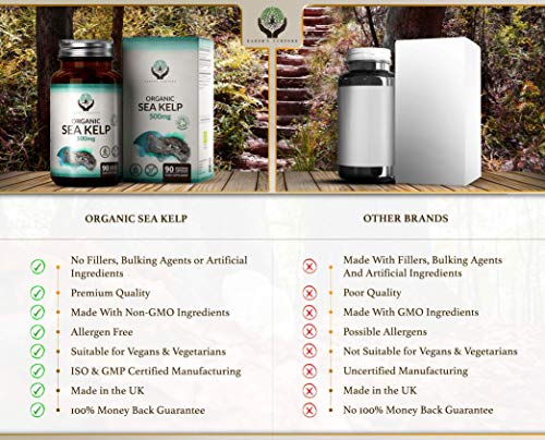 EN Algas Kelp Organico 500mg por Capsula | Suplemento de Yodo Orgánico | Algas Marinas Orgánicas | Certificado por Soil Association | 90 Cápsulas Vegetarianas | Sin Gluten, OGM, Lacteos o Alergenos