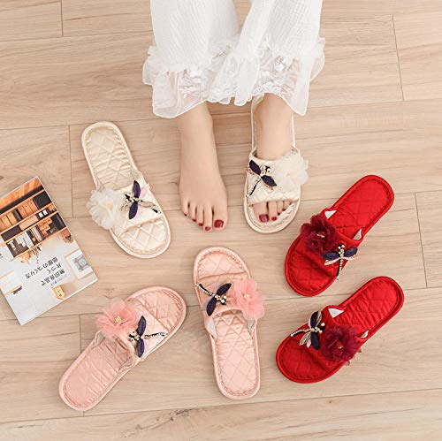 ENLAZY Zapatillas de Lino Festivas con diseño de Flores de libélula Zapatillas Antideslizantes para el Piso Mute Zapatillas de casa Antideslizantes Summer House Slides Sandalias,Champagne,39-40