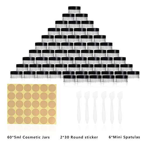 Envase Cosmético, 60 Piezas Tarros de Plástico con 6 Raspador Y Pegatinas, 5 ml Contenedores Cosmético, Tarro Vacío Crema para Loción, Crema, Minivelas, Cosméticos - Negro