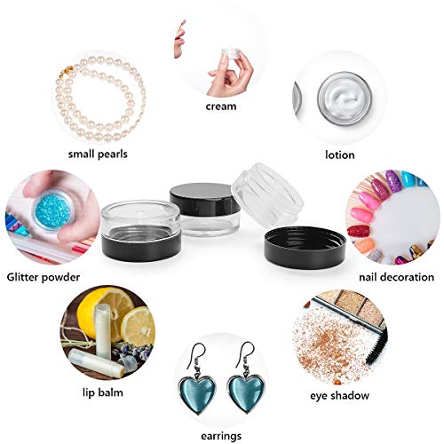Envase Cosmético, 60 Piezas Tarros de Plástico con 6 Raspador Y Pegatinas, 5 ml Contenedores Cosmético, Tarro Vacío Crema para Loción, Crema, Minivelas, Cosméticos - Negro